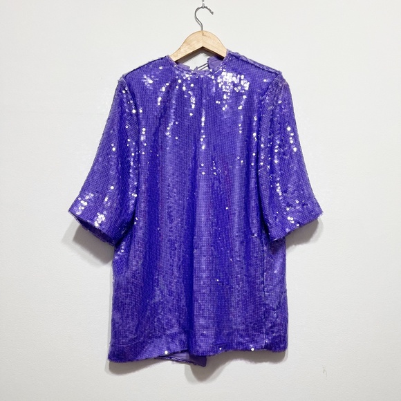 NEW Sabina Musayev Tilda Sequin Sparkle Embellished Short Sleeve Boxy Top Purple - Picture 1 of 4
